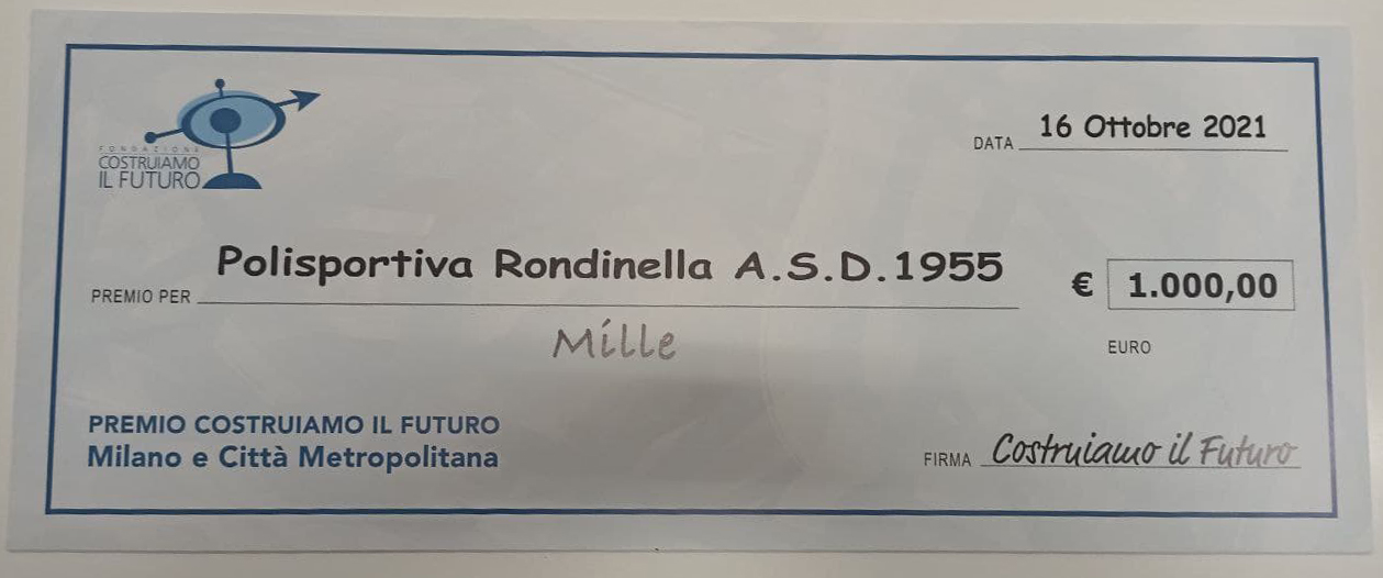 Polisportiva Rondinella Premio Costruiamo il Futuro 2021 Assegno